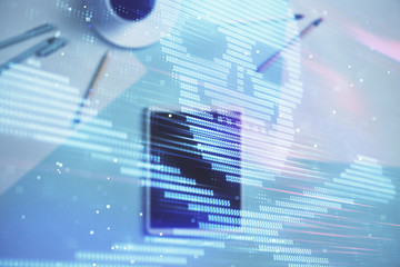 Double exposure of hacking theme drawing on digital tablet, table background. Concept of data securitization