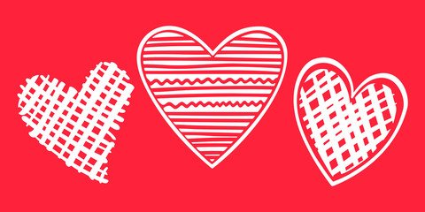 Set of 3 hand drawn white hearts on the red background, simple vector shapes for greeting cards, wedding invitation, banners, backgrounds, textiles design.