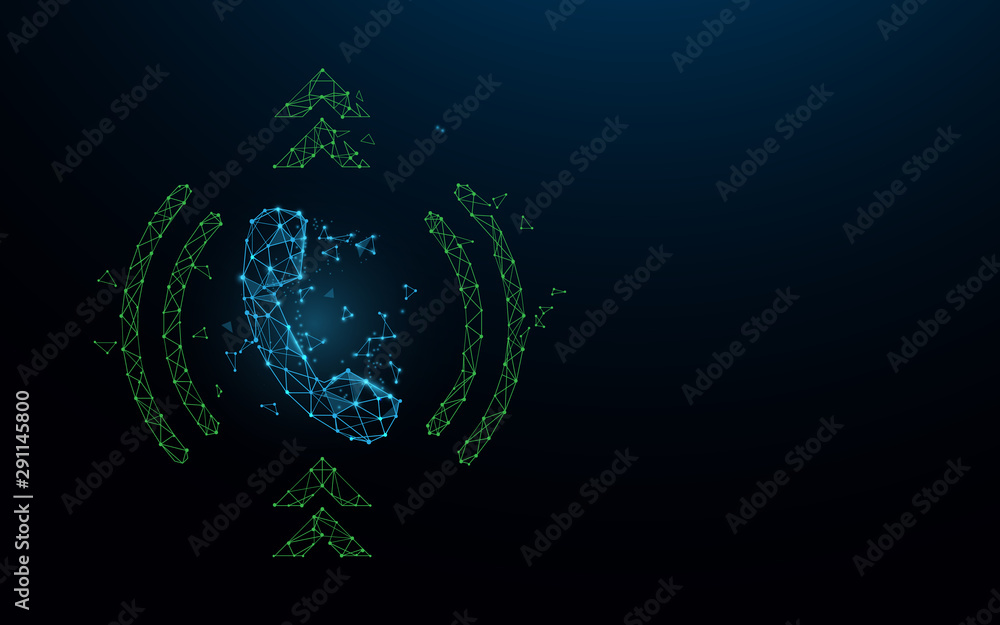 Poster answer call button phone icon from lines, triangles and particle style design. vector illustration