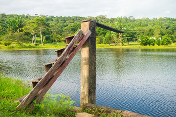 Wooden diving board by a lake in the countryside of Itamaraca Island - Pernambuco, Brazil