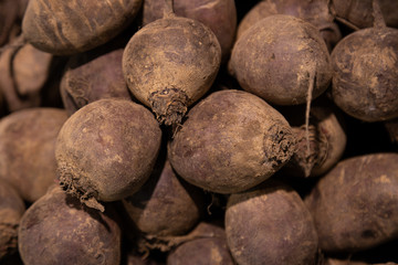 Close-up of beet-root dirty in black soil on market shelf © Ivan Traimak