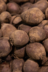 Close-up of beetroot dirty in black soil on market shelf © Ivan Traimak