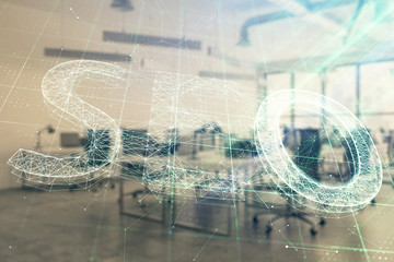 SEO icon hud with office interior on background. Double exposure. Concept of data search