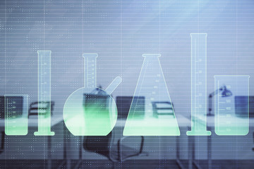 Flasks hologram with office interior on background. Double exposure. Concept of education