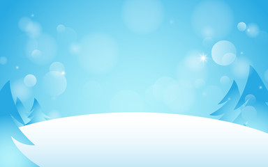 Merry Christmas and Happy New Year banner. Snowdrift with christmas trees in blue abstract bokeh background