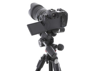 High angle view on massive black still-shot camera on trepied cutout