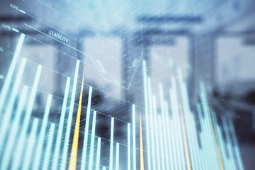 Stock market chart with trading desk bank office interior on background. Double exposure. Concept of financial analysis
