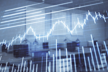 Stock market chart with trading desk bank office interior on background. Double exposure. Concept of financial analysis
