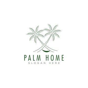logo palm home, with line art tree and simple hammock