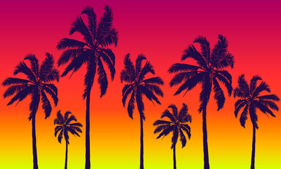 Fototapeta na wymiar Palm trees on a background of summer red-yellow sunset, vector art illustration.