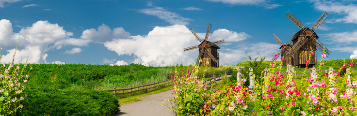 Panoramic view of wooden windmills. Village Vodianiki, Cherkasy region, Ukraine