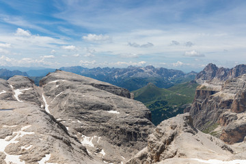 Italian Dolomites Alps. View from the top of the Piz Boe mountain. Italian Alps, Alto Adige (Summertime)
