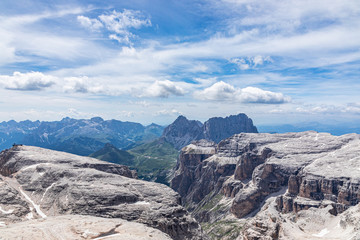 Italian Dolomites Alps. View from the top of the Piz Boe mountain. Italian Alps, Alto Adige (Summertime)