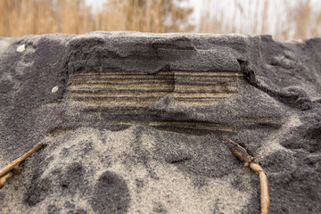 close up beach erosion layers of sand chesapeake bay calvert county southern maryland usa