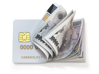 Credit card and japan yen in cash. Banking, shopping concept. Opening a wallet or bank account in Japan.