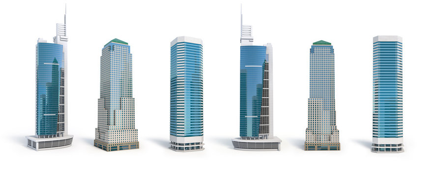 Set of different skyscraper buildings isolated on white.