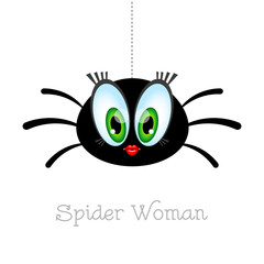 Cartoon spider woman with big green eyes on a white background. Vector illustration