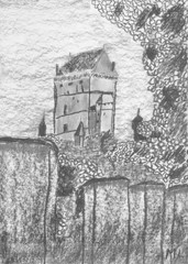 Castle in the Czech Republic, Hand Drawn Charcoal Drawing