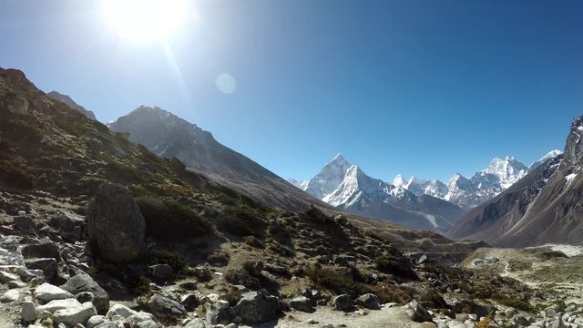 4K video. View of mountain valley between Tobuche and Ama Dablam mountains in Himalayas in Sagarmatha national park in Nepal. This place is located between Namche Bazaar town and Everest Base Camp.