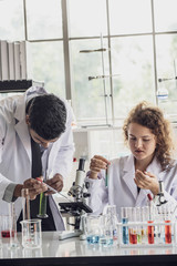 Team of Medical Research Scientist Conducts Experiments in Laboratory with Microscope, Test Tubes, Micropipette and other equipment.