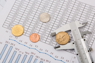 Money coins and caliper on business chart. Business concept