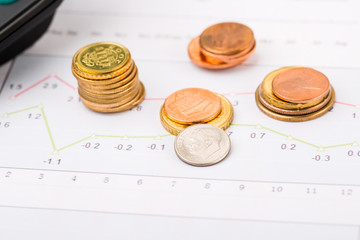 Finance Concept. Financial reports, euro coins, US coin  on business chart.