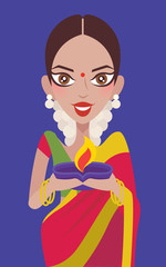Happy Diwali. Beautiful Indian woman holdings clay diya oil lamp, festive of lights - vector character