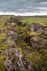 The volcanic landscape of the Thingvellir National Park, south Iceland. The park lies directly within a rift valley. 