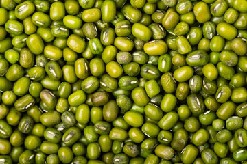 Macro image of green mung beans pile as food background. Healthy lifestyle concept.