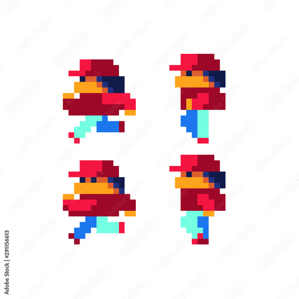 Aufkleber running male character in cap pixel art style for arcade game, isolated vector. 8 bit cartoon game b