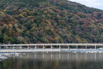 《京都・秋》早朝の嵐山の紅葉と渡月橋の風景