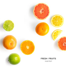 Fototapeta na wymiar Creative layout made of lemon, lime, orange and grapefruit. Flat lay. Food concept. Lemon, lime, orange and grapefruit on white background.