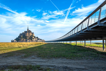 Lift platform for access to Mont Saint Michel above the sea when the tide rises, allowing access