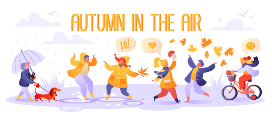 Cute autumn illustration with happy kids playing outdoors. Autumn season. Boy walks with dog. Children in raincoats and rubber boots jump in puddles. Girl found mushroom, boy throws up foliage. 