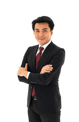 Young handsome businessman  with smile face and confidence , standing over isolated white background .