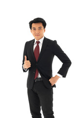Young handsome businessman  with smile face and confidence , standing over isolated white background .
