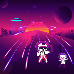 Cute Cats Illustration Space Travel, Space Desing, Cats at the out space.