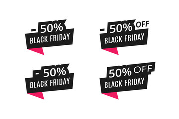 Obraz premium Black friday sale tag. Black and red paper banner with discount percentage of 50