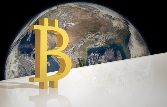 Currency illustration. Modern design of Bitcoin sign with planet Earth in the background. Some elements of this image furnished by NASA