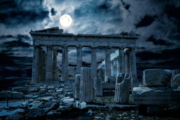 Ancient Greek ruins in full moon, Athens at night, Greece. Fantasy view of old mystery Parthenon...