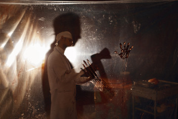 Psychiatrist maniac with axe, bloody experiment - obrazy, fototapety, plakaty