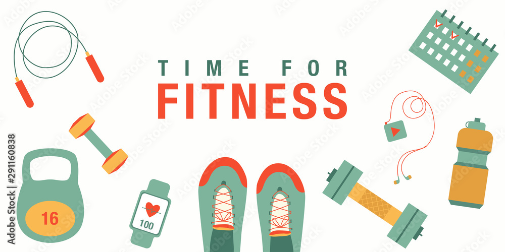 Wall mural Gym fitness elements vector illustration. Sports and physical activity equipment, healthy food and wellness banner, objects set on white backgrouns, top view. Healthy lifestyle banner, poster or cover