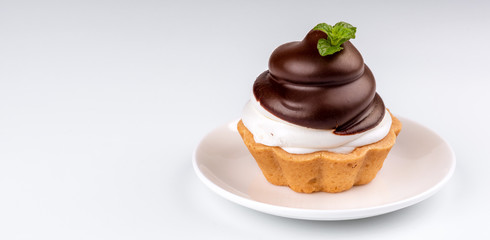Chocolate tart with on white (grey) background, isolated
