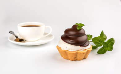 Chocolate tart with on white (grey) background, isolated