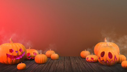 Naklejka na ściany i meble Halloween Background Pumpkins and Smoke Red Color in Floor Wood on pastel Green Display Concept Art - 3d rendering