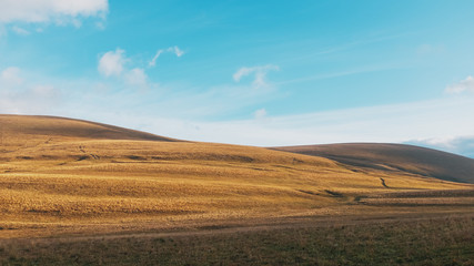 Obraz premium A route through the golden hills and meadows at sunrise through the majestic landscapes. Active tourists, hiking,