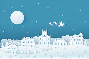 Merry Christmas and Happy New Year.Illustration of  Holiday landscape in the winter and Santa Claus on the sky.