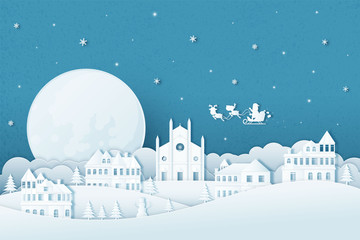 Merry Christmas and Happy New Year.Illustration of  Holiday landscape in the winter and Santa Claus on the sky.