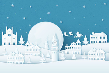 Merry Christmas and Happy New Year.Illustration of  Holiday landscape in the winter and Santa Claus on the sky.