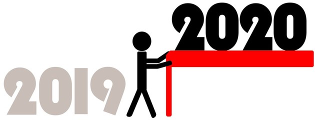 A man pulling a red cloth with the year 2020. The New Year 2020 is coming, 2019 is leaving.